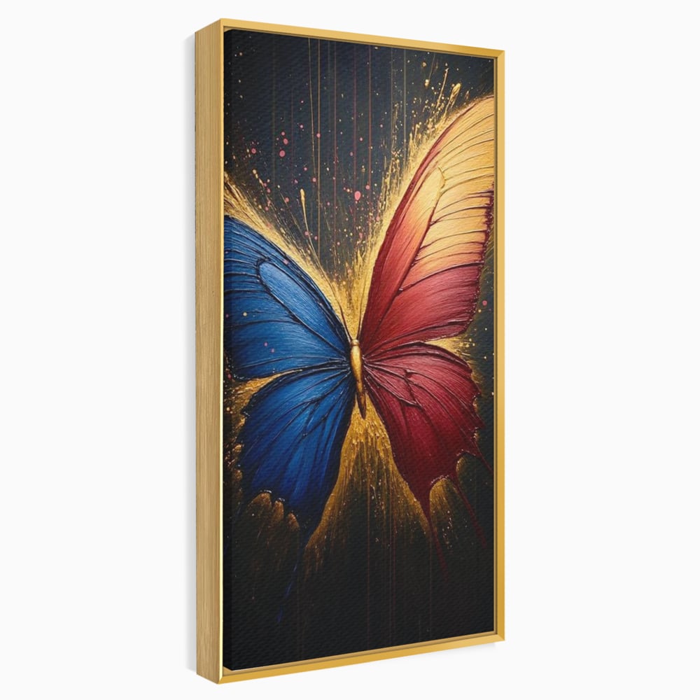 Tablou canvas cu tablou canvas cu fluture colorat, in rama de aluminiu auriu